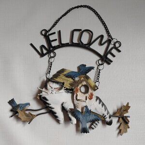 ADORABLE Cat Welcome Sign with Blue Jays